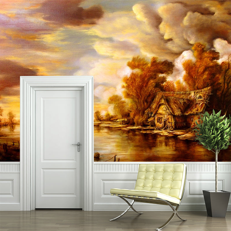 Brown Sunset Lake Mural Wallpaper Oil Painting Vintage Stain-Proof Wall Decor for Home Clearhalo 'Wall Decor' 'Wall Mural' 1154201