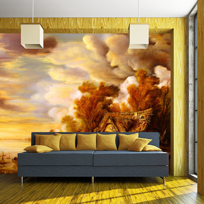 Brown Sunset Lake Mural Wallpaper Oil Painting Vintage Stain-Proof Wall Decor for Home Clearhalo 'Wall Decor' 'Wall Mural' 1154202