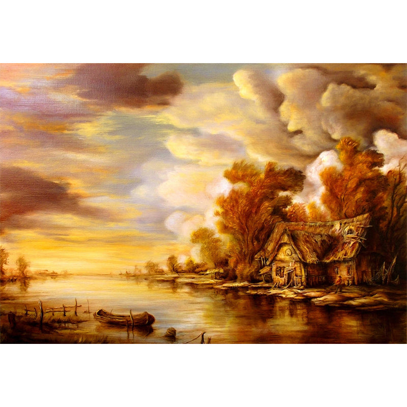 Brown Sunset Lake Mural Wallpaper Oil Painting Vintage Stain-Proof Wall Decor for Home Clearhalo 'Wall Decor' 'Wall Mural' 1154203