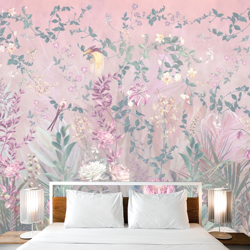 Pink Floral Printed Murals Wallpaper Stain Resistant Nostalgic Bedroom Wall Covering Pink Clearhalo 'Wall Decor' 'Wall Mural' 1154205