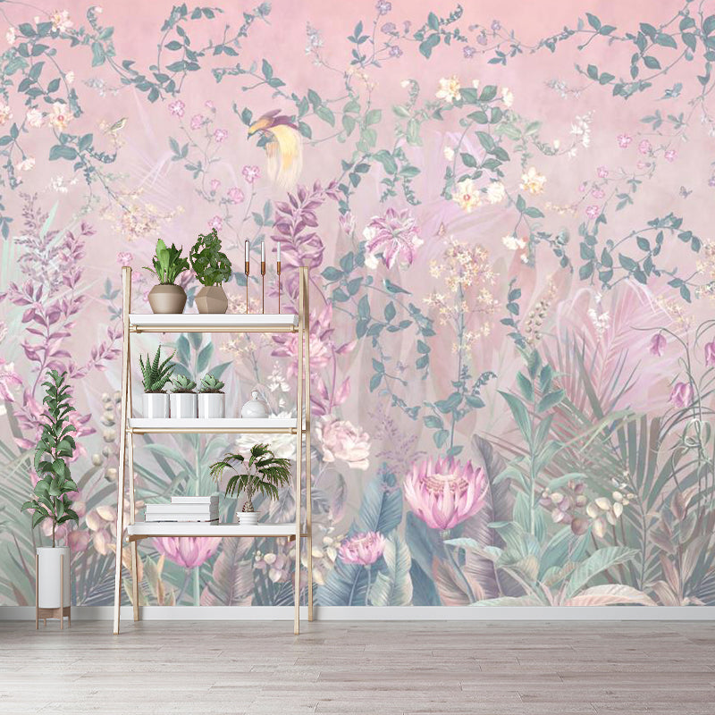 Pink Floral Printed Murals Wallpaper Stain Resistant Nostalgic Bedroom Wall Covering Clearhalo 'Wall Decor' 'Wall Mural' 1154206