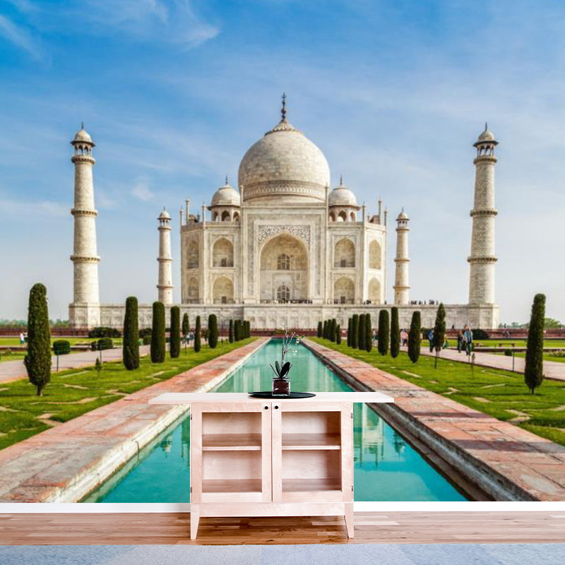 Photography Taj Mahal Wall Murals Custom Size Wall Covering for Living Room, Blue-Green Blue-Green Clearhalo 'Wall Decor' 'Wall Mural' 1154210