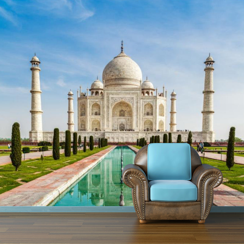 Photography Taj Mahal Wall Murals Custom Size Wall Covering for Living Room, Blue-Green Clearhalo 'Wall Decor' 'Wall Mural' 1154211