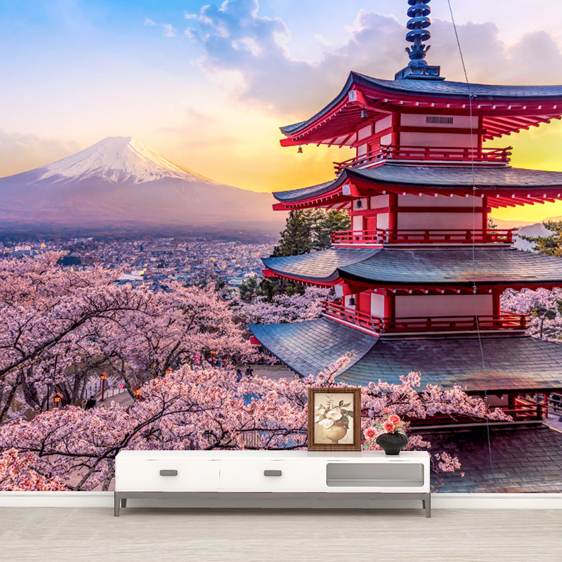 Pagoda and Cherry Blossom Mural Wallpaper Pink Japanese Style Wall Decor for Home Clearhalo 'Wall Decor' 'Wall Mural' 1154227