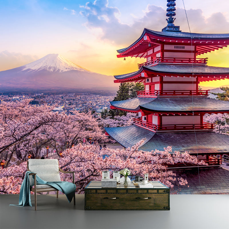 Pagoda and Cherry Blossom Mural Wallpaper Pink Japanese Style Wall Decor for Home Clearhalo 'Wall Decor' 'Wall Mural' 1154228