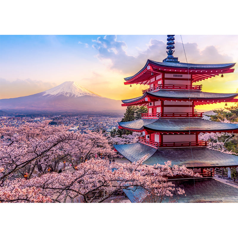 Pagoda and Cherry Blossom Mural Wallpaper Pink Japanese Style Wall Decor for Home Clearhalo 'Wall Decor' 'Wall Mural' 1154229