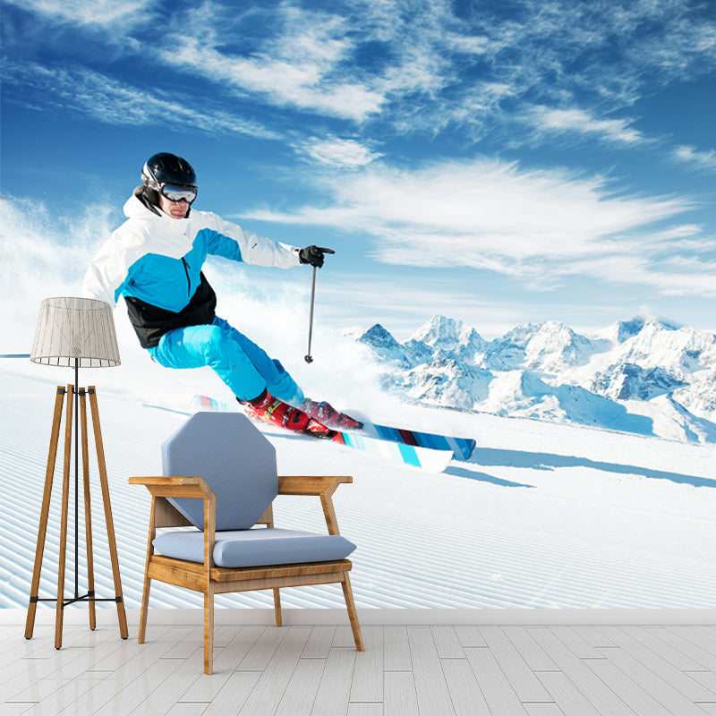 Full-Size Skiing Wall Paper Murals Blue and White Non-Woven Wall Art, Stain Resistant Blue-White Clearhalo 'Wall Decor' 'Wall Mural' 1154236