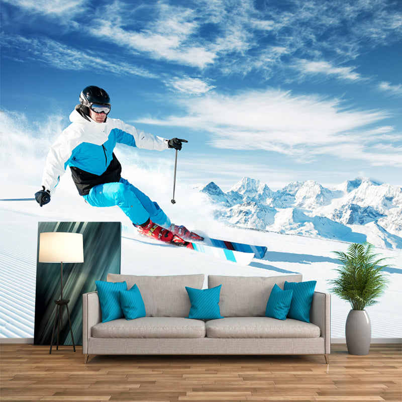 Full-Size Skiing Wall Paper Murals Blue and White Non-Woven Wall Art, Stain Resistant Clearhalo 'Wall Decor' 'Wall Mural' 1154237