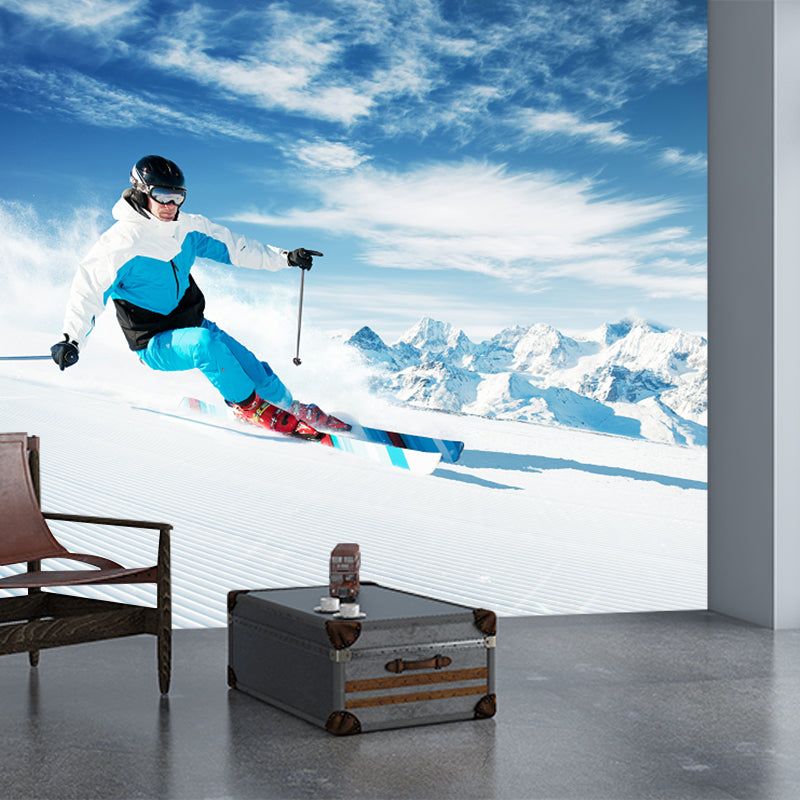 Full-Size Skiing Wall Paper Murals Blue and White Non-Woven Wall Art, Stain Resistant Clearhalo 'Wall Decor' 'Wall Mural' 1154238