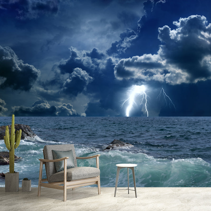 Photography Storm At Sea Mural Large Size Wall Decoration for Living Room, Blue Blue Clearhalo 'Wall Decor' 'Wall Mural' 1154246