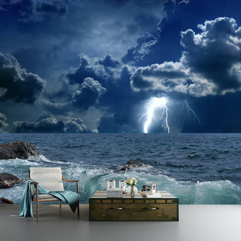 Photography Storm At Sea Mural Large Size Wall Decoration for Living Room, Blue Clearhalo 'Wall Decor' 'Wall Mural' 1154247