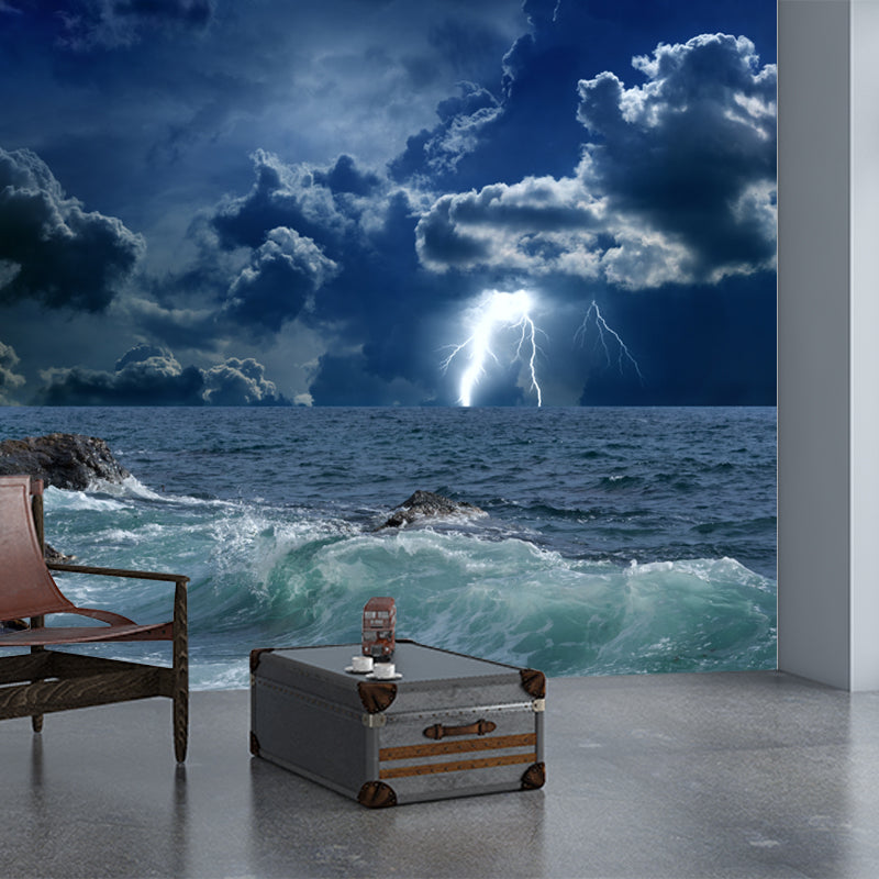 Photography Storm At Sea Mural Large Size Wall Decoration for Living Room, Blue Clearhalo 'Wall Decor' 'Wall Mural' 1154248