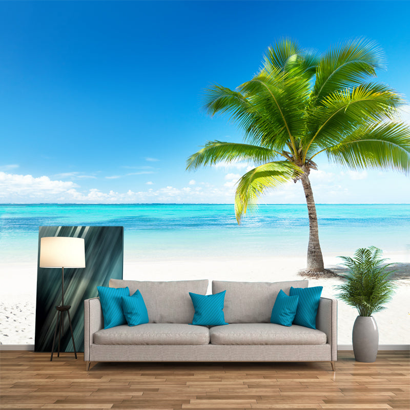 Blue-Green Tropical Wallpaper Murals Customized Coastal Palm Tree Wall Decor for Home Clearhalo 'Wall Decor' 'Wall Mural' 1154270