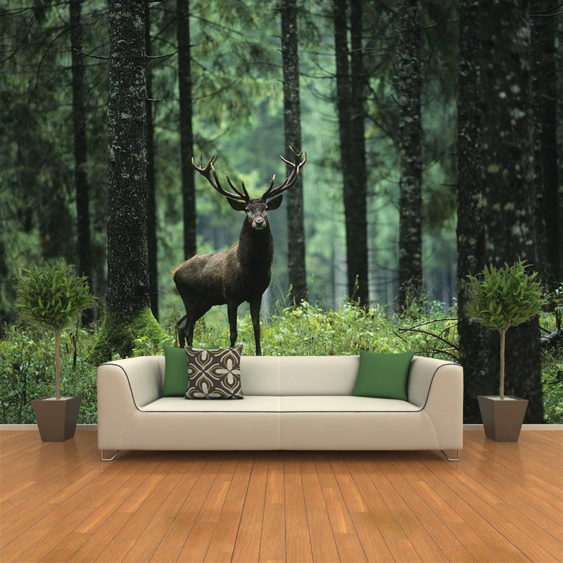 Large Size Contemporary Wall Murals Green Wild Deer in the Forest Patterned Wall Art Green Clearhalo 'Wall Decor' 'Wall Mural' 1154289