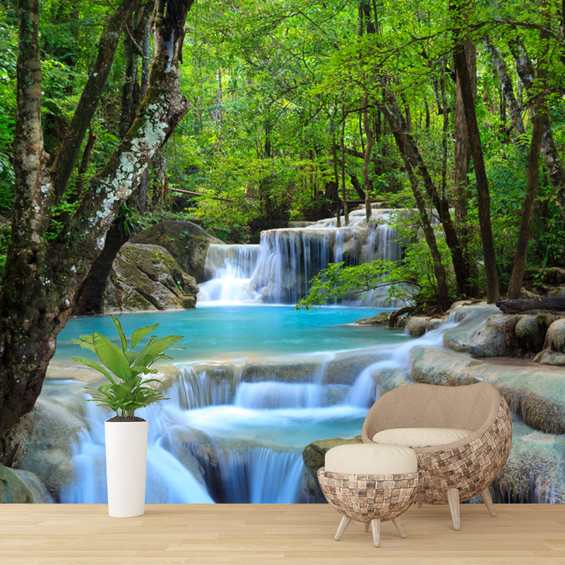 Green Forest Waterfall Murals Stain Resistant Wall Covering for Living Room Decor Clearhalo 'Wall Decor' 'Wall Mural' 1154295