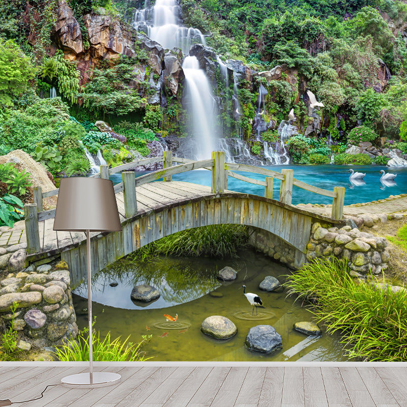 Non-Woven Waterproof Murals Modern Style Bridge Across A Small Waterfall Wall Art in Green Clearhalo 'Wall Decor' 'Wall Mural' 1154313