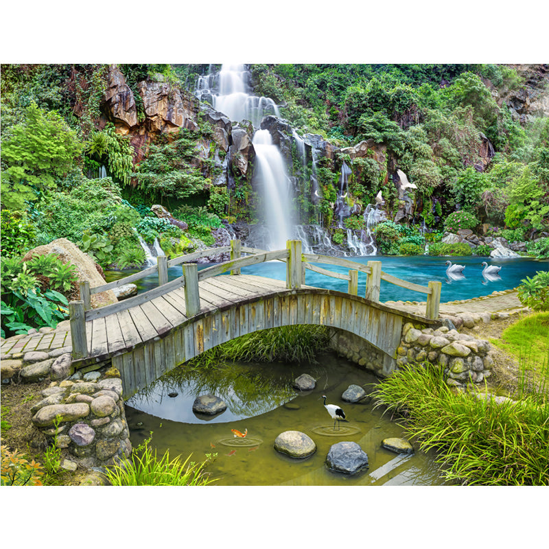 Non-Woven Waterproof Murals Modern Style Bridge Across A Small Waterfall Wall Art in Green Clearhalo 'Wall Decor' 'Wall Mural' 1154315