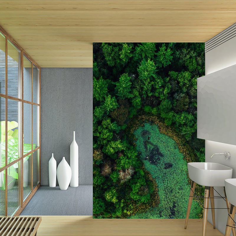 Jungle and Lake Overlook Murals Green Modernist Wall Covering for Bathroom Decoration Green Clearhalo 'Wall Decor' 'Wall Mural' 1154347