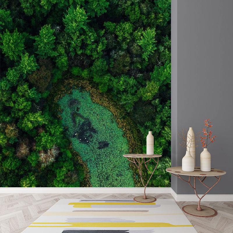 Jungle and Lake Overlook Murals Green Modernist Wall Covering for Bathroom Decoration Clearhalo 'Wall Decor' 'Wall Mural' 1154348