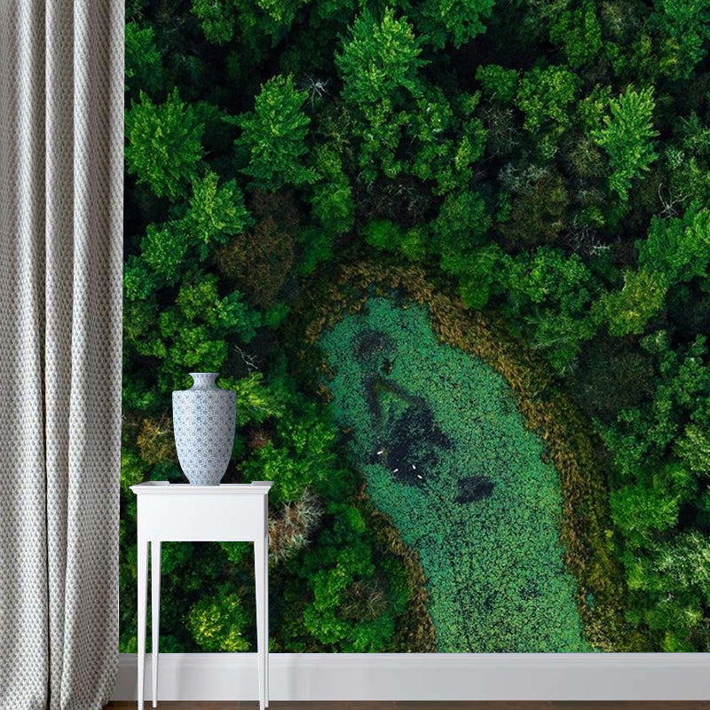 Jungle and Lake Overlook Murals Green Modernist Wall Covering for Bathroom Decoration Clearhalo 'Wall Decor' 'Wall Mural' 1154349