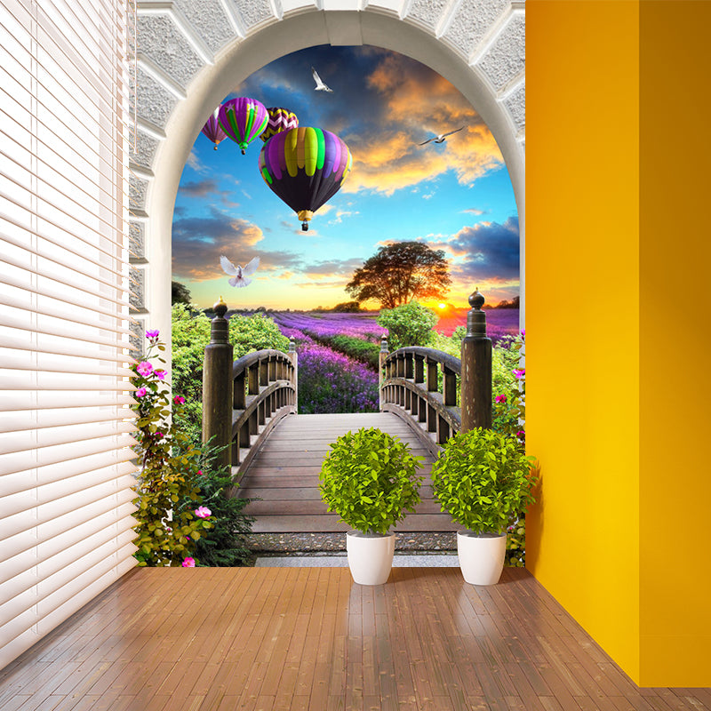 Porch to Lavender Field Mural Nordic Moisture Resistant Living Room Wall Art in Purple-Green Purple-Green Clearhalo 'Wall Decor' 'Wall Mural' 1154356