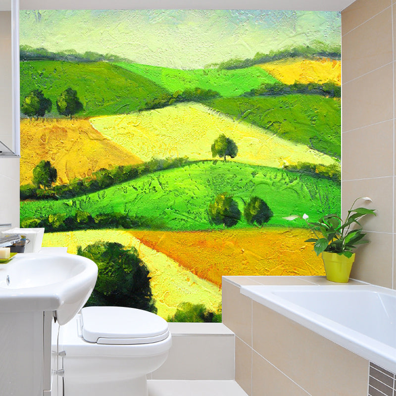 Field Oil Painting Mural Wallpaper Vintage Style Smooth Wall Covering for Bathroom Blue-Yellow-Green Clearhalo 'Wall Decor' 'Wall Mural' 1154366