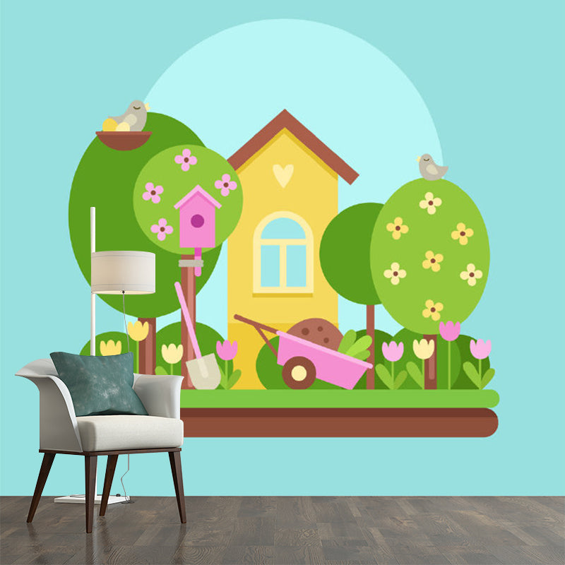 Cartoon Kids Wallpaper Murals with Forest House Pattern Blue-Yellow-Green Wall Decor for Bedroom Blue-Yellow-Green Clearhalo 'Wall Decor' 'Wall Mural' 1154376