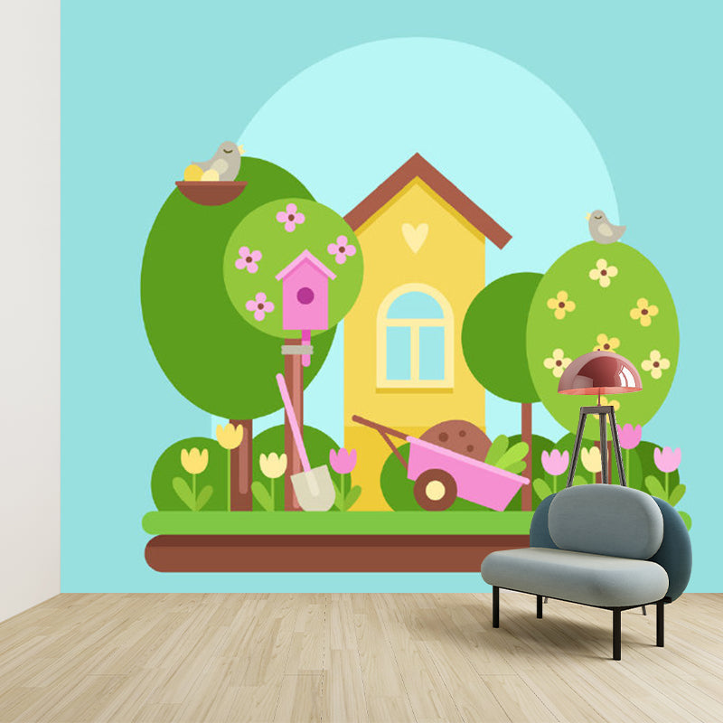 Cartoon Kids Wallpaper Murals with Forest House Pattern Blue-Yellow-Green Wall Decor for Bedroom Clearhalo 'Wall Decor' 'Wall Mural' 1154378