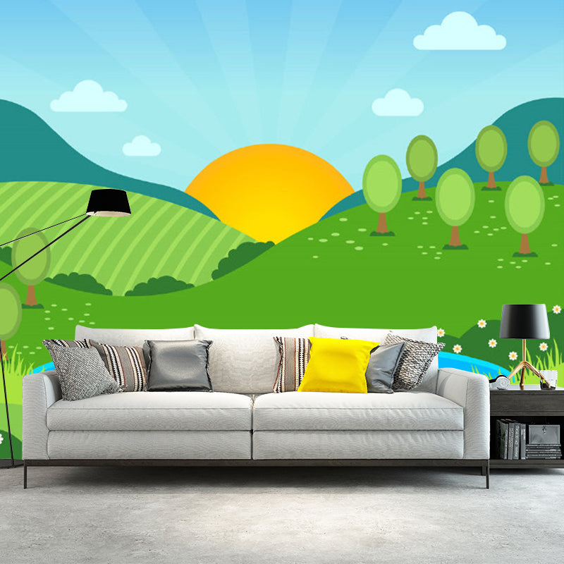 Full-Size Cartoon Murals Wallpaper Blue-Yellow-Green Sunrise at Hills Wall Art for Child Room Blue-Yellow-Green Clearhalo 'Wall Decor' 'Wall Mural' 1154386