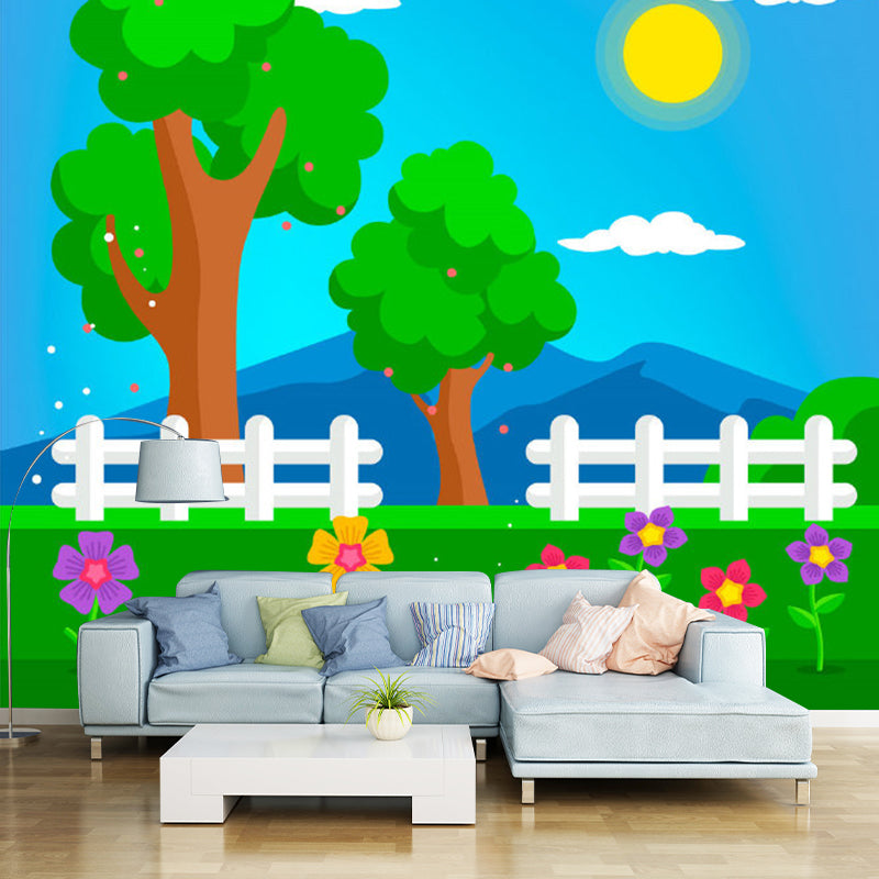 Full Size Cartoon Mural for Kids Room Spring Park Patterned Wall Art in Blue-Yellow-Green, Stain Resistant Blue-Yellow-Green Clearhalo 'Wall Decor' 'Wall Mural' 1154407