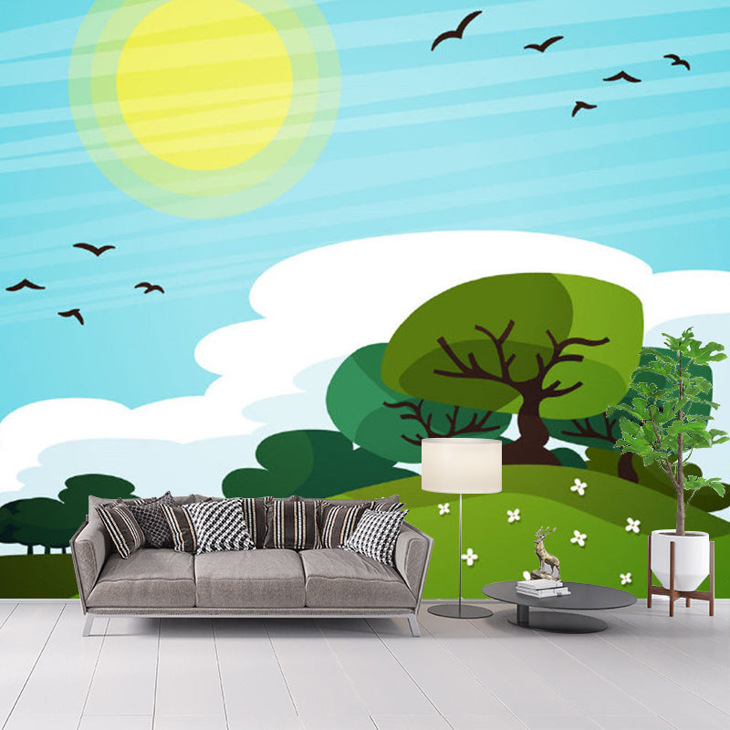 Spring Scenery Wall Murals Childrens Art Living Room Smooth Wall Covering, Blue-Yellow-Green Blue-Yellow-Green Clearhalo 'Wall Decor' 'Wall Mural' 1154417