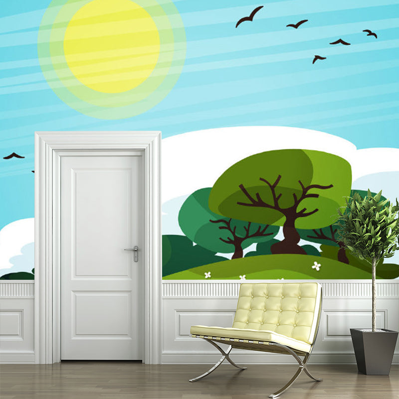 Spring Scenery Wall Murals Childrens Art Living Room Smooth Wall Covering, Blue-Yellow-Green Clearhalo 'Wall Decor' 'Wall Mural' 1154418