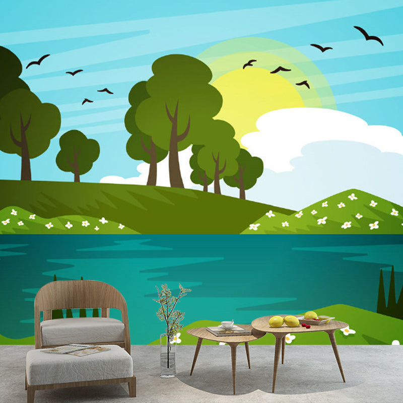 Cartoon Scenery Spring Lake Murals Blue-Yellow-Green Moisture Resistant Wall Art for Nursery Blue-Yellow-Green Clearhalo 'Wall Decor' 'Wall Mural' 1154422