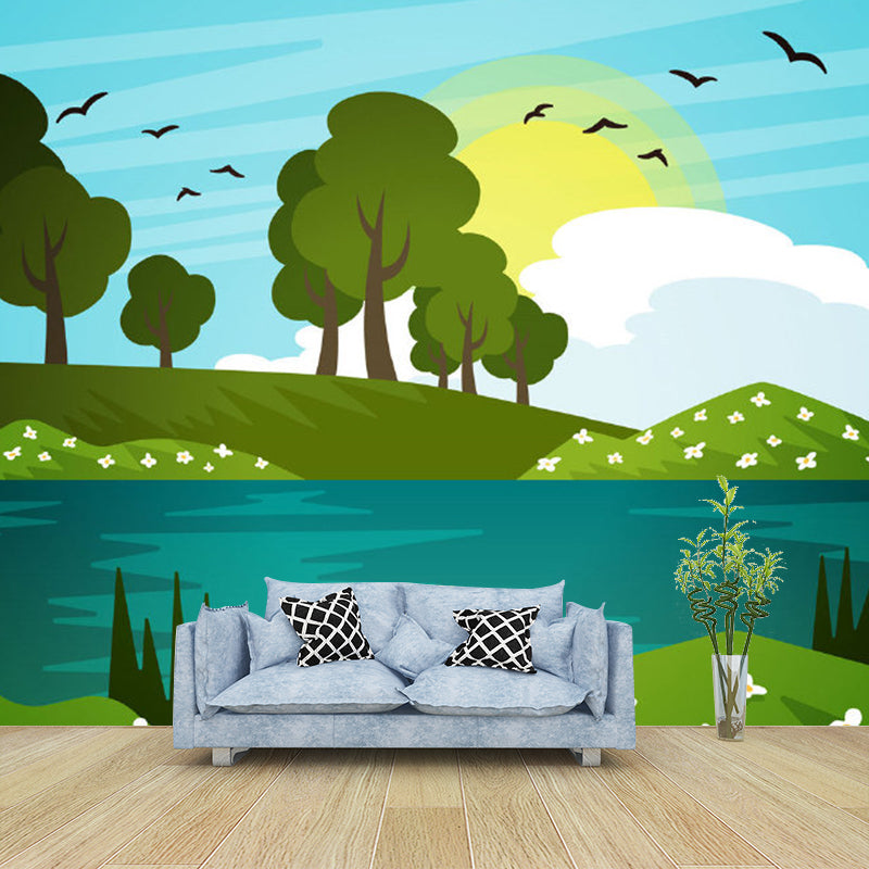 Cartoon Scenery Spring Lake Murals Blue-Yellow-Green Moisture Resistant Wall Art for Nursery Clearhalo 'Wall Decor' 'Wall Mural' 1154423