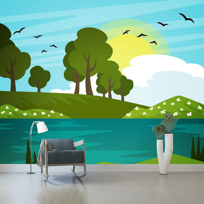 Cartoon Scenery Spring Lake Murals Blue-Yellow-Green Moisture Resistant Wall Art for Nursery Clearhalo 'Wall Decor' 'Wall Mural' 1154424