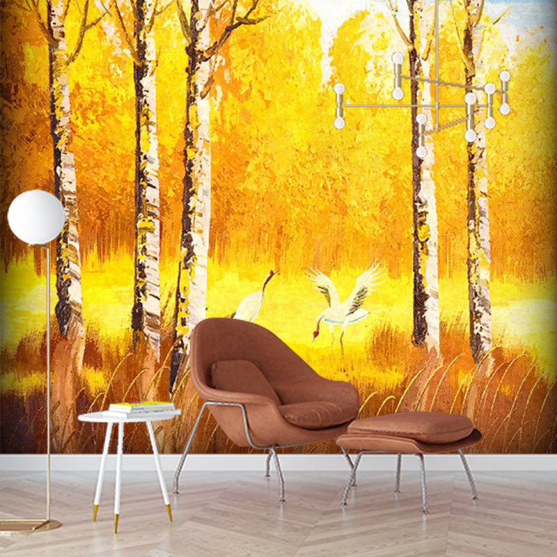 Orange-Yellow Classic Wallpaper Murals Large Crane in Autumn Forest Patterned Wall Decor for Living Room Orange-Yellow Clearhalo 'Wall Decor' 'Wall Mural' 1154524