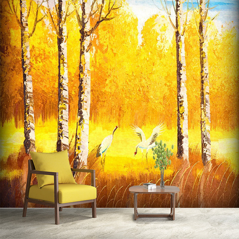 Orange-Yellow Classic Wallpaper Murals Large Crane in Autumn Forest Patterned Wall Decor for Living Room Clearhalo 'Wall Decor' 'Wall Mural' 1154525