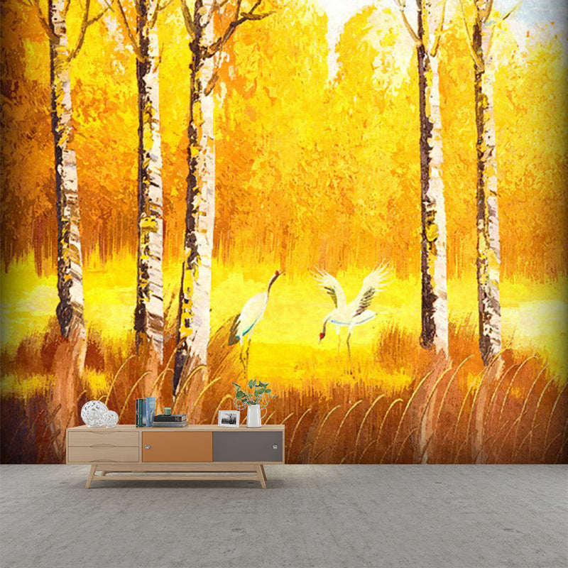 Orange-Yellow Classic Wallpaper Murals Large Crane in Autumn Forest Patterned Wall Decor for Living Room Clearhalo 'Wall Decor' 'Wall Mural' 1154526