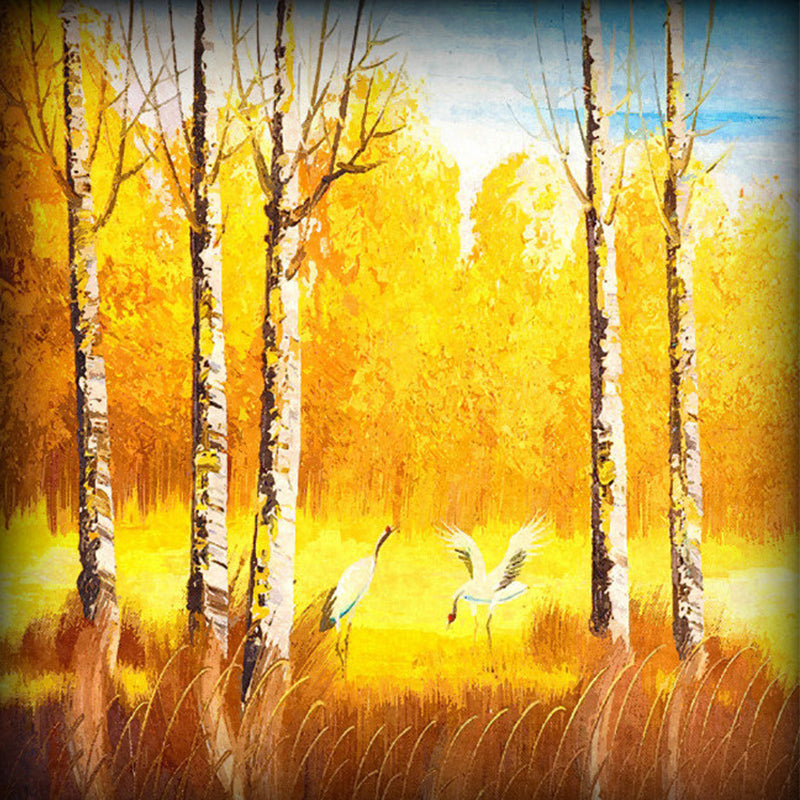 Orange-Yellow Classic Wallpaper Murals Large Crane in Autumn Forest Patterned Wall Decor for Living Room Clearhalo 'Wall Decor' 'Wall Mural' 1154527