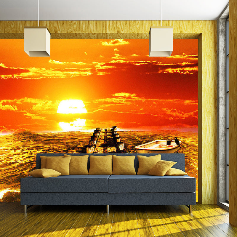 Photography Sea Sunset Mural Wallpaper for Living Room in Orange, Custom Size Available Orange Clearhalo 'Wall Decor' 'Wall Mural' 1154538