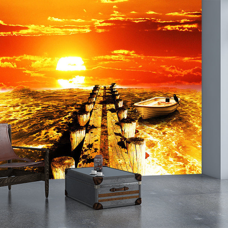 Photography Sea Sunset Mural Wallpaper for Living Room in Orange, Custom Size Available Clearhalo 'Wall Decor' 'Wall Mural' 1154539