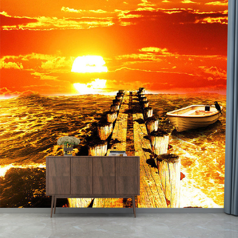 Photography Sea Sunset Mural Wallpaper for Living Room in Orange, Custom Size Available Clearhalo 'Wall Decor' 'Wall Mural' 1154540