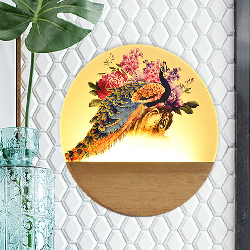 Circular Peacock/Blossoms Wall Mural Lamp Asia Style Acrylic LED Wood Wall Mount Light Fixture for Bedroom Clearhalo 'Wall Lamps & Sconces' 'Wall Lights' Lighting' 1155231