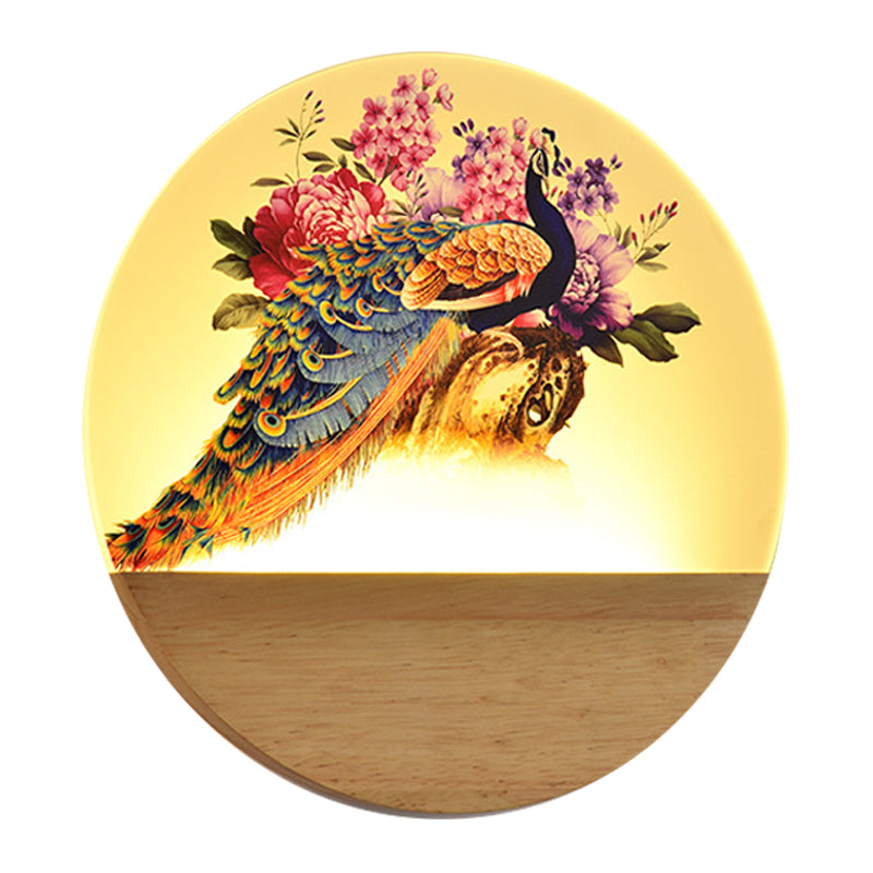 Circular Peacock/Blossoms Wall Mural Lamp Asia Style Acrylic LED Wood Wall Mount Light Fixture for Bedroom Clearhalo 'Wall Lamps & Sconces' 'Wall Lights' Lighting' 1155232