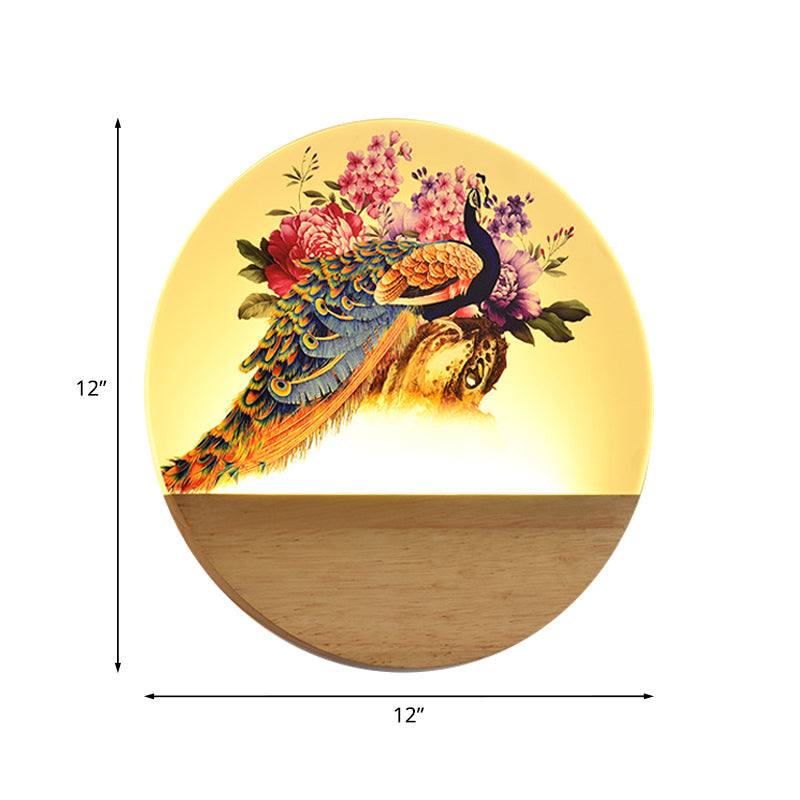 Circular Peacock/Blossoms Wall Mural Lamp Asia Style Acrylic LED Wood Wall Mount Light Fixture for Bedroom Clearhalo 'Wall Lamps & Sconces' 'Wall Lights' Lighting' 1155233