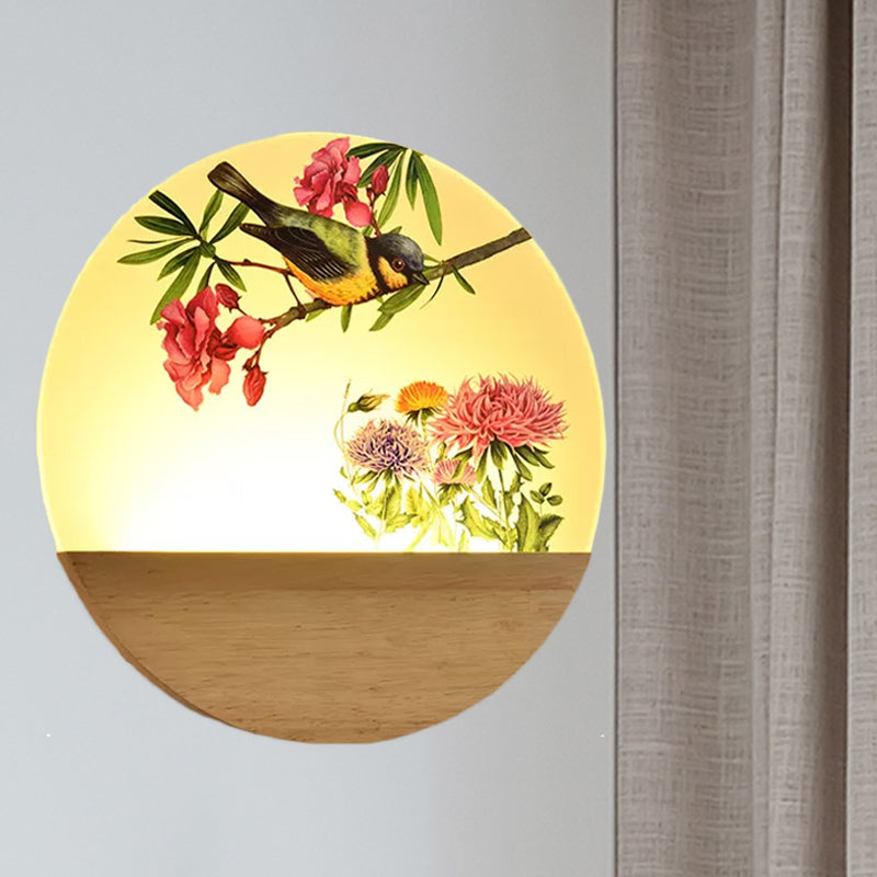 Wood Round Bird and Tree Mural Light Chinese Style LED Acrylic Wall Lighting Idea for Bedside Clearhalo 'Wall Lamps & Sconces' 'Wall Lights' Lighting' 1155245