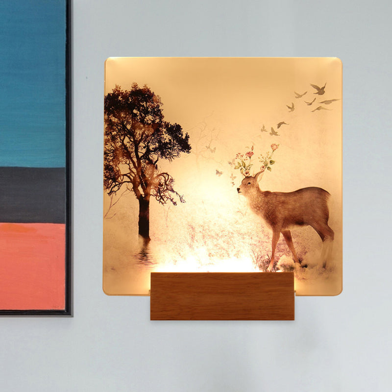 Square Hallway Wall Mounted Lighting Acrylic LED Oriental Wall Mural Light in Brown with Deer and Tree Pattern Brown Clearhalo 'Wall Lamps & Sconces' 'Wall Lights' Lighting' 1155254