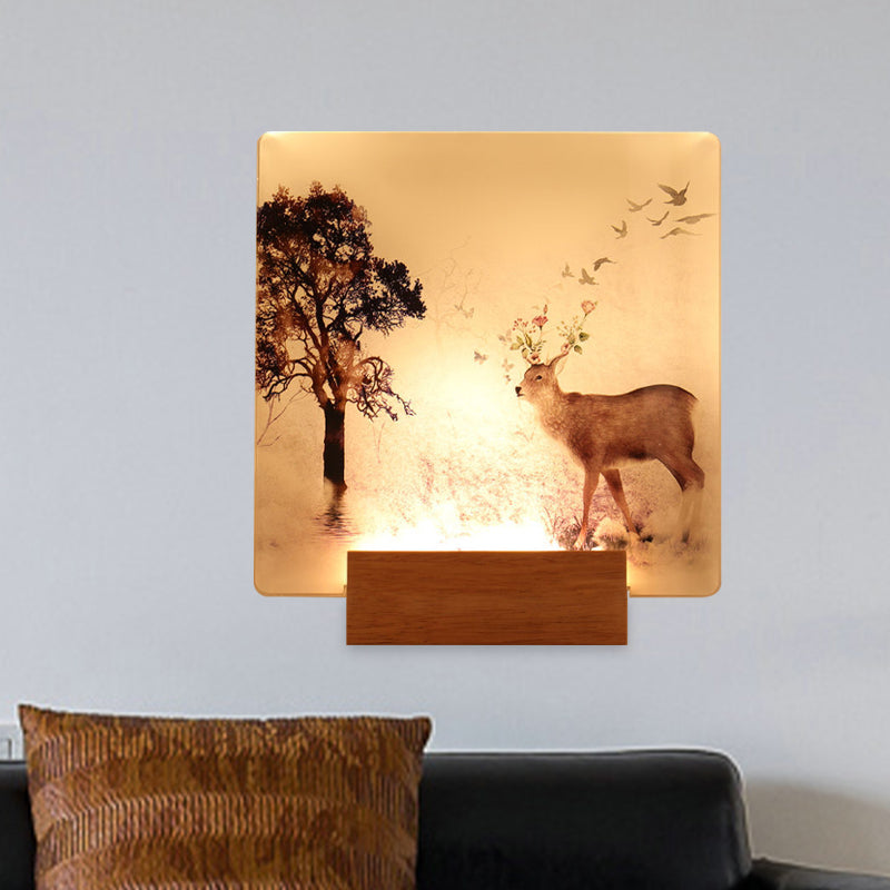 Square Hallway Wall Mounted Lighting Acrylic LED Oriental Wall Mural Light in Brown with Deer and Tree Pattern Clearhalo 'Wall Lamps & Sconces' 'Wall Lights' Lighting' 1155255