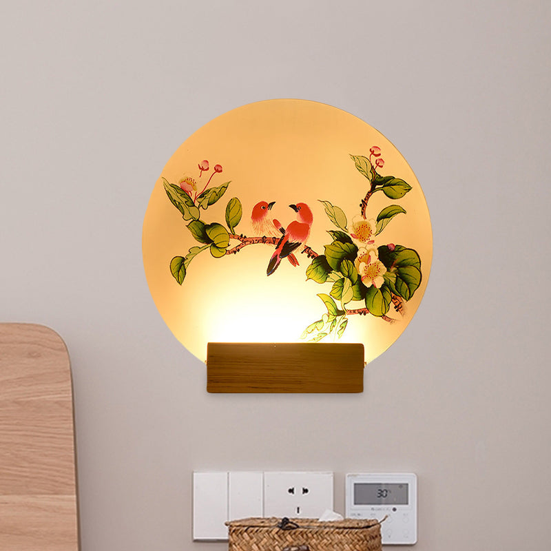 Acrylic Circular Birds and Flowers Mural Light Chinese LED Wood Wall Mounted Lighting Wood Clearhalo 'Wall Lamps & Sconces' 'Wall Lights' Lighting' 1155266