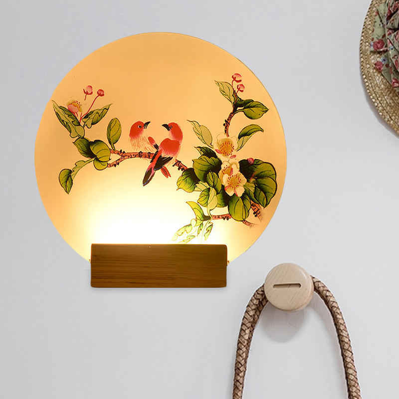 Acrylic Circular Birds and Flowers Mural Light Chinese LED Wood Wall Mounted Lighting Clearhalo 'Wall Lamps & Sconces' 'Wall Lights' Lighting' 1155267